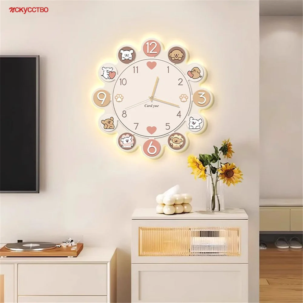 Cartoon Puppy Mural Clock Multifunctional Led Wall Lamp Kids Bedroom Foyer Kindergarten Restaurant Home Decor Sconce Night Light