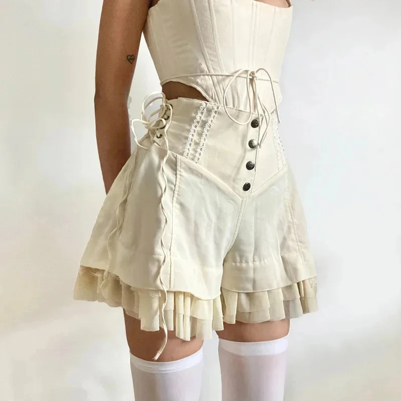 

Patchwork Mesh Tiered Ruffle Shorts Sweet Cute Khaki Wide Form Side Bandage Hot Pants Y2K Style Girls Summer Casual Mini Shorts