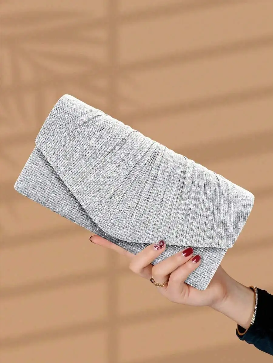 

Elegant Pleated Shiny Envelope Clutch Bag For Women Evening Party