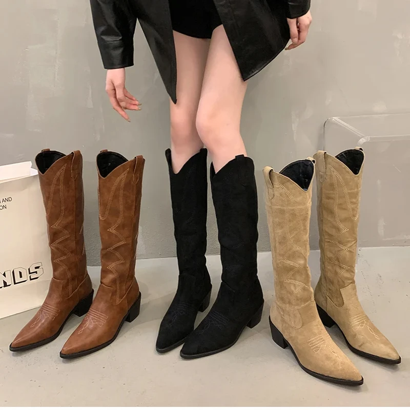 Winter Embroidery Shoes Women Cowboy Boots Fashion Slip On Long Knee High Boot Female Square Very Women'S Knight Botties