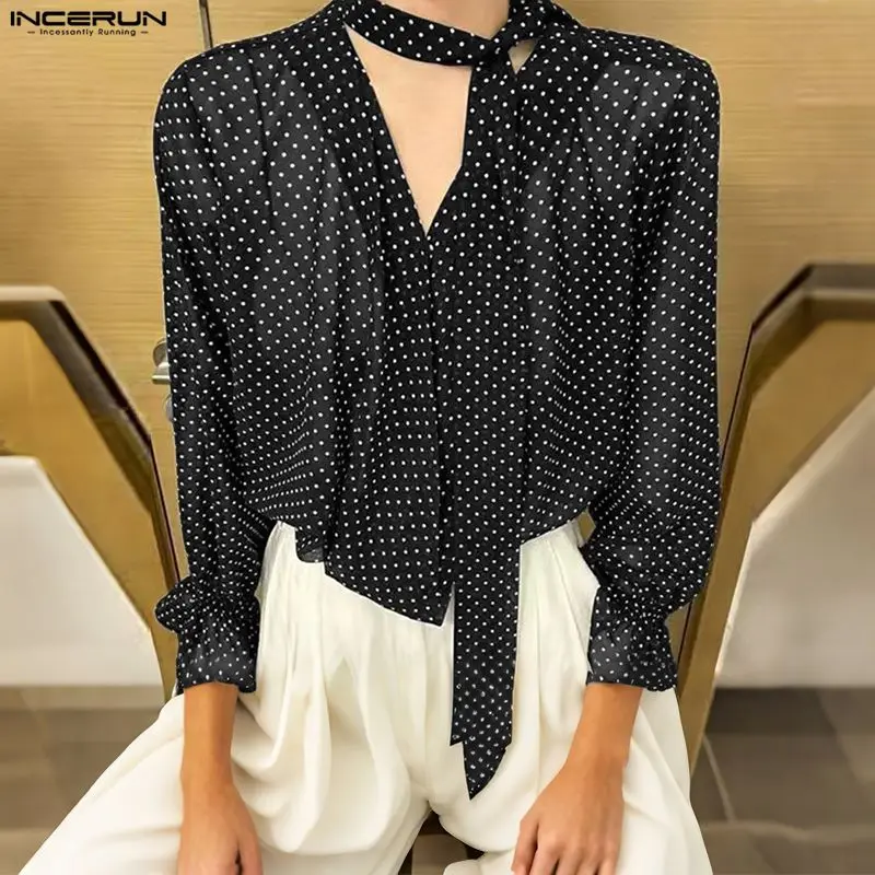 INCERUN Men Shirt Polka Dot Printing V Neck Long Sleeve Men Clothing With Belt Oversize Streetwear Fashion Casual Male Shirts