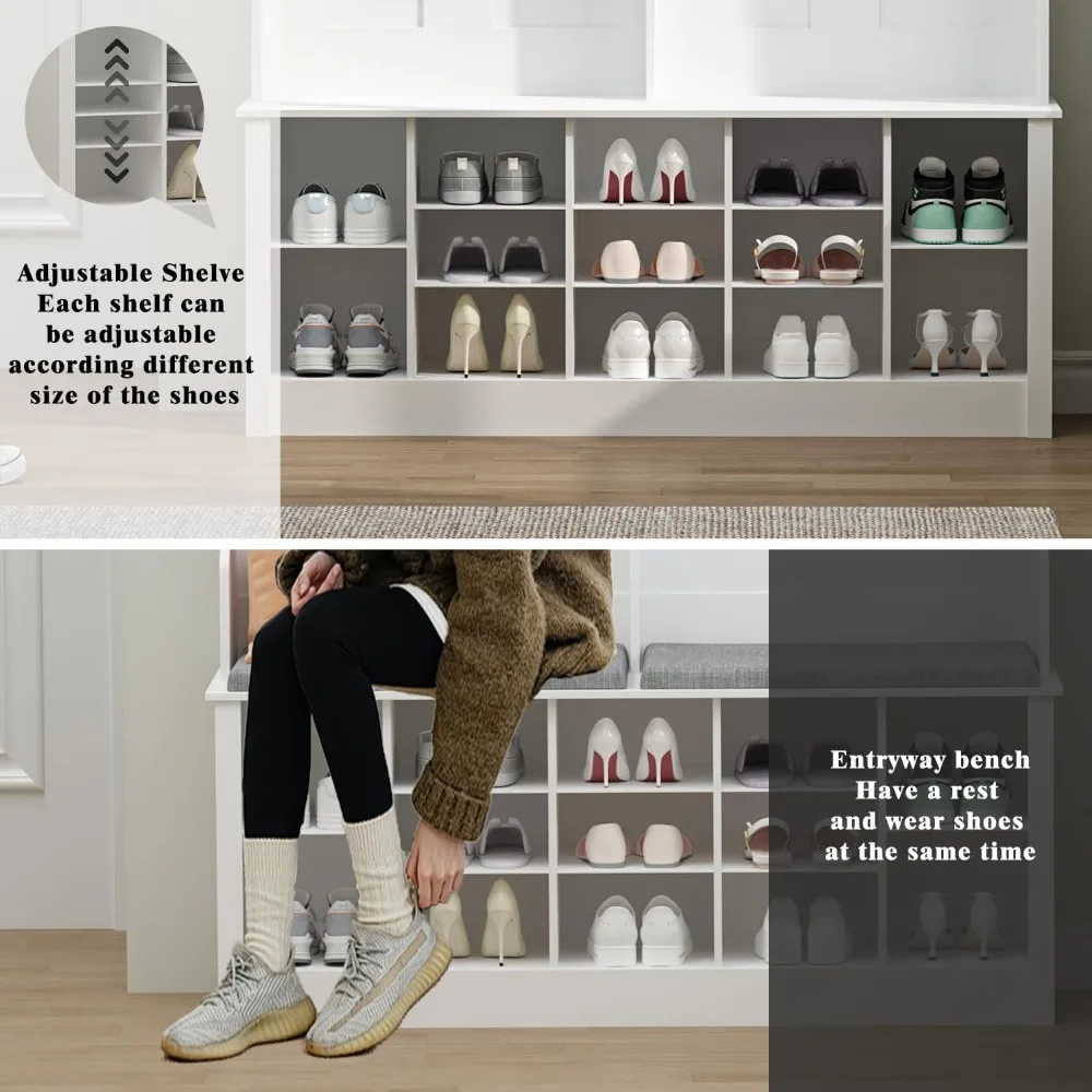 منظم غرفة الطين على طراز المزرعة مع مقعد، ورف معطف، و6 خطافات، و12 مكعب لتخزين الأحذية للمدخل