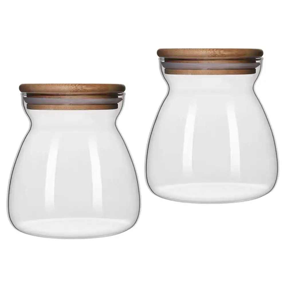 2Pcs Glass Sealed Jar Household Storage Bottle Bamboo Lid Kitchen Storage Canister for Tea Candy Grain Nuts Food Preservation