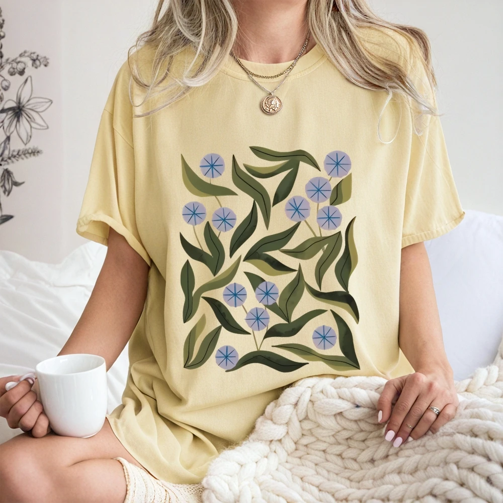 T-shirt à motif de feuilles florales, Design artistique naturel imprimé, décontracté, ample, manches courtes, Chic, confortable, à la mode, vêtements en tissu