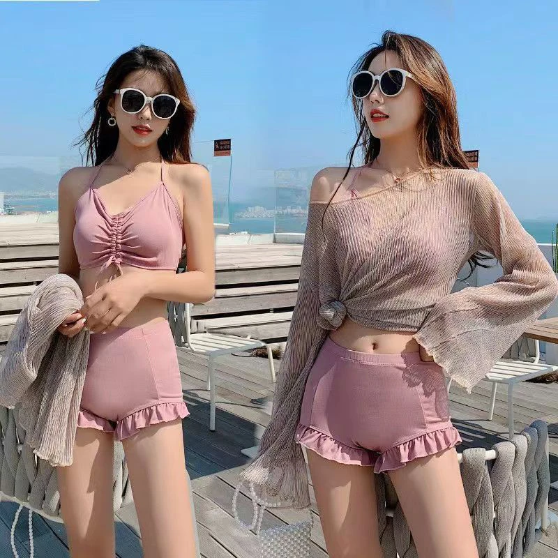 Korean Nude Bikini Swimwear Ladies 3pcs Swimsuit Sexy Cover Belly Split Bikini Three Piece Long Sleeve 2024 New Fairy Model