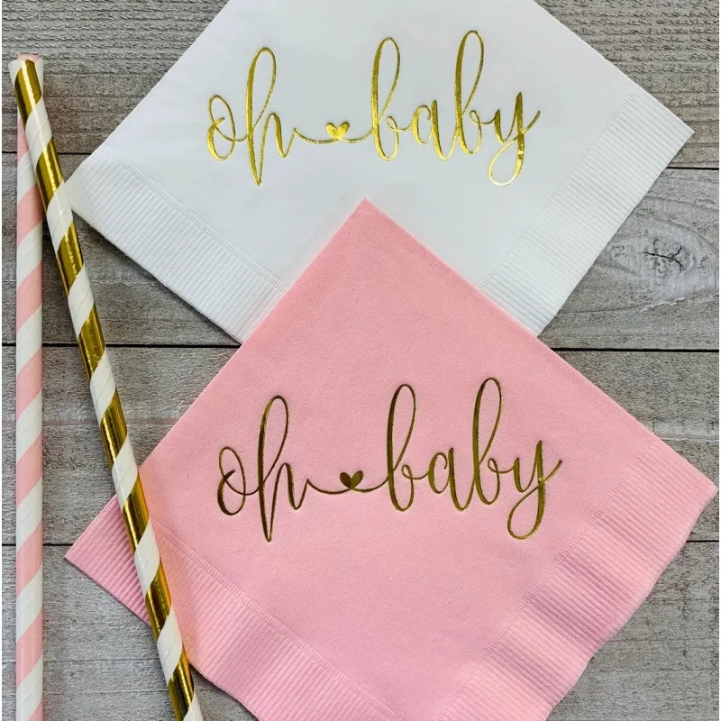 

50pcs Light Pink or White w/ Metallic Gold Foil Cocktail Beverage Napkins Napkin Baby Shower Oh Baby