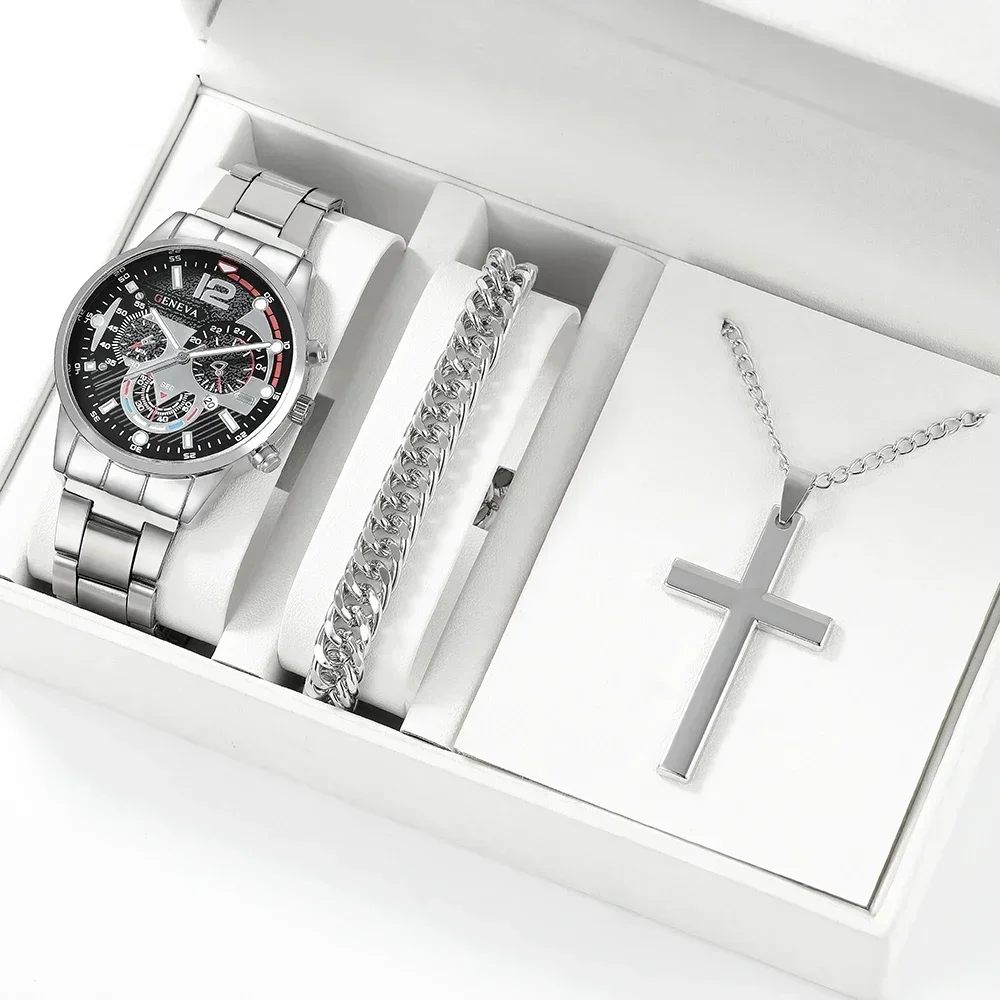 3Pcs Men Watch Jewelry Set, Geneva Multifunctional Dial Stainless Steel Watch + Cuban Bracelet Cross Pendant Necklace Gift Kit