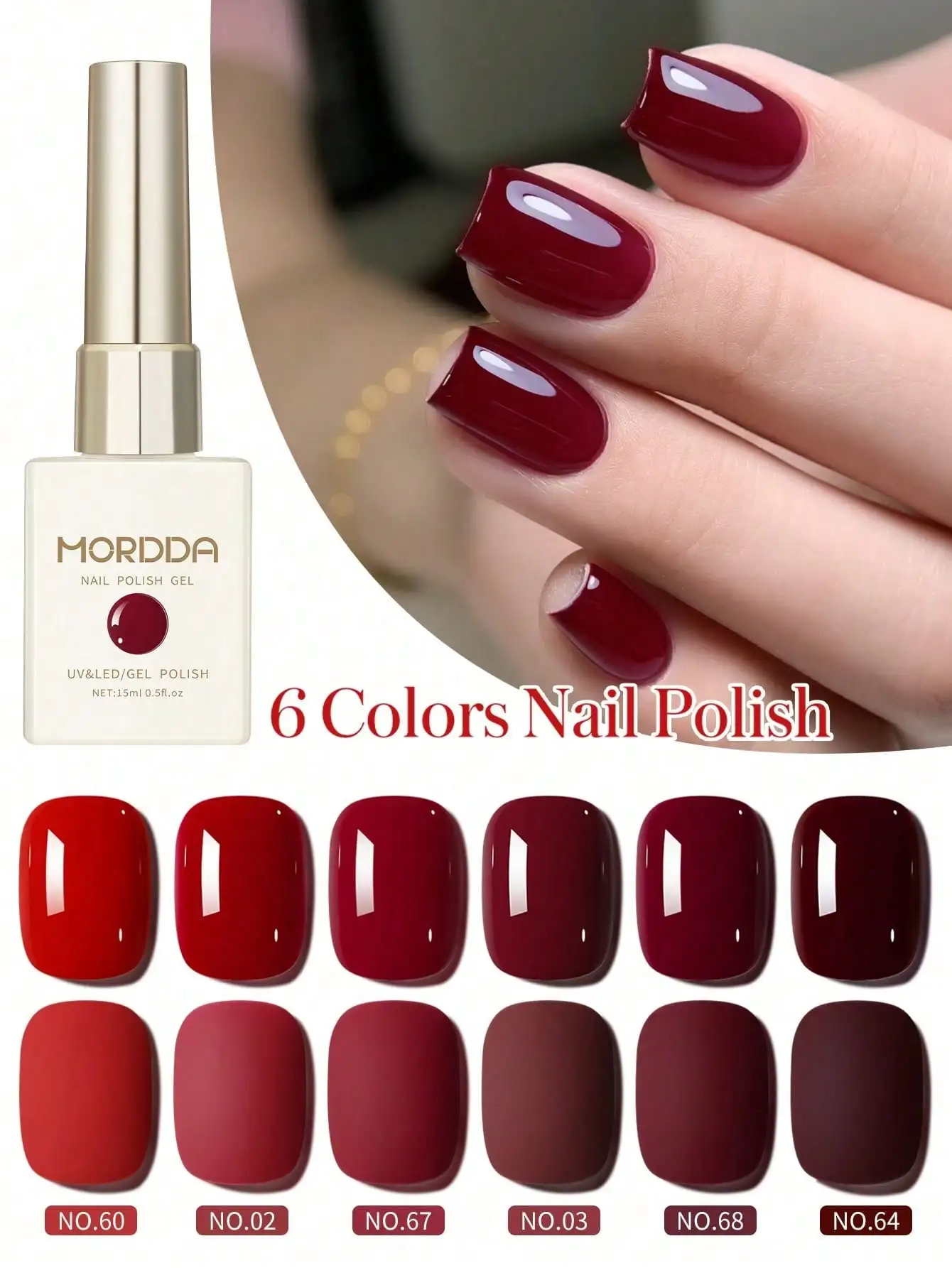 

6PCS 15ml Red Gel Nail Polish Set, Semi-Permanent Soak Off Air Dry Manicure Art Varnish Kit with UV/LED Lamp - Ideal for DIY