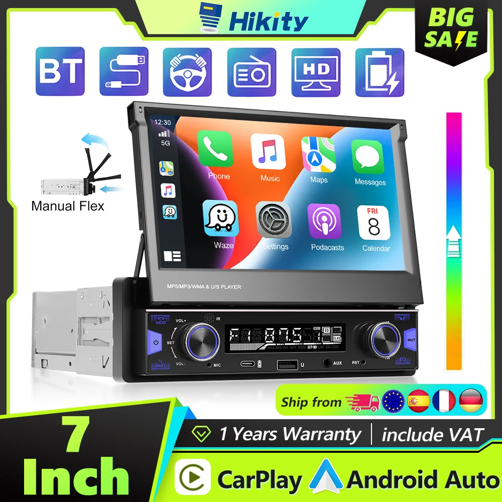 Hikity 7 بوصة One DIN سيارة الوسائط المتعددة MP5 راديو تلقائي يدعم CarPlay، Andriod مشغل صوت تلقائي شاشة لمس قابلة للسحب BT، FM