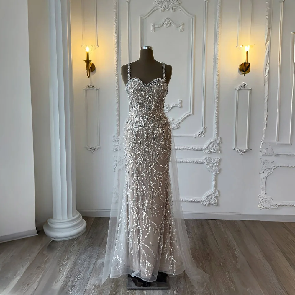 

YQLNNE Elegant Long Pearls Beaded Evening Dresses Mermaid Spaghetti Straps Tulle Sequined Formal Women Party Gown