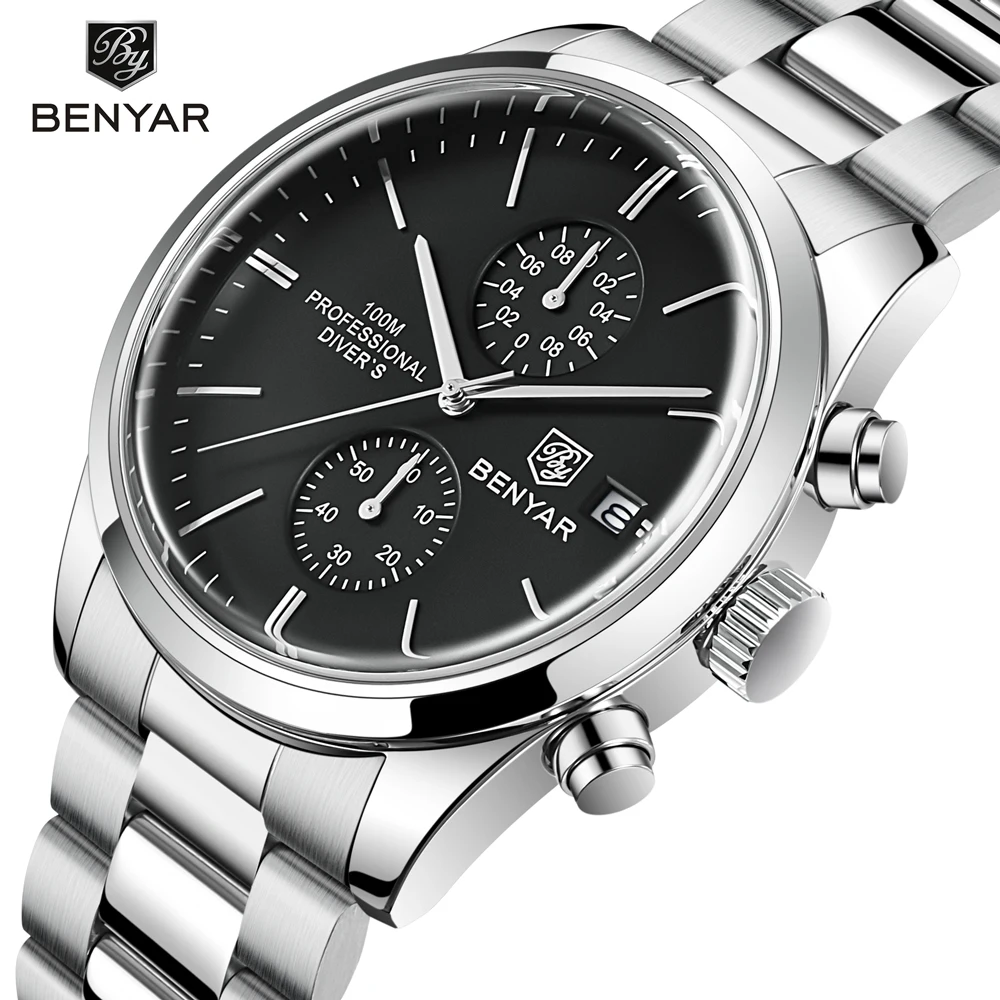 2023 New BENYAR Mens Watches Top Brand Luxury Quartz Sports Watch Men Chronograph Stainless Steel Waterproof Clock Reloj Hombre