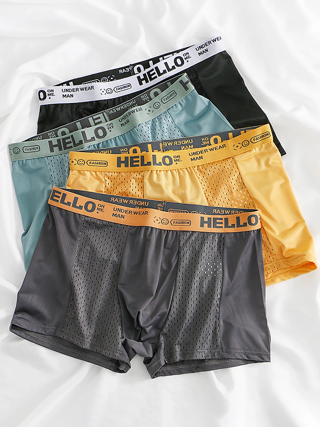 

Men's Ice Silk Mesh Boxer Brief - "HELLO" Logo Waistband, Single Piece ( Black/Teal/Yellow/Gray) Underwear