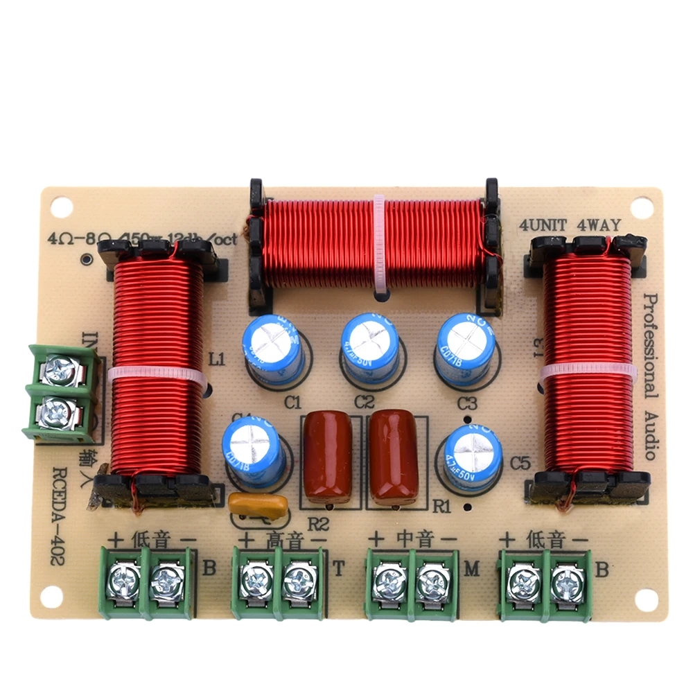 120W 4 Way Crossover One High One Middle Two Low Four Division Frequency Divider Solderless Home Speaker Retrofit Splitter