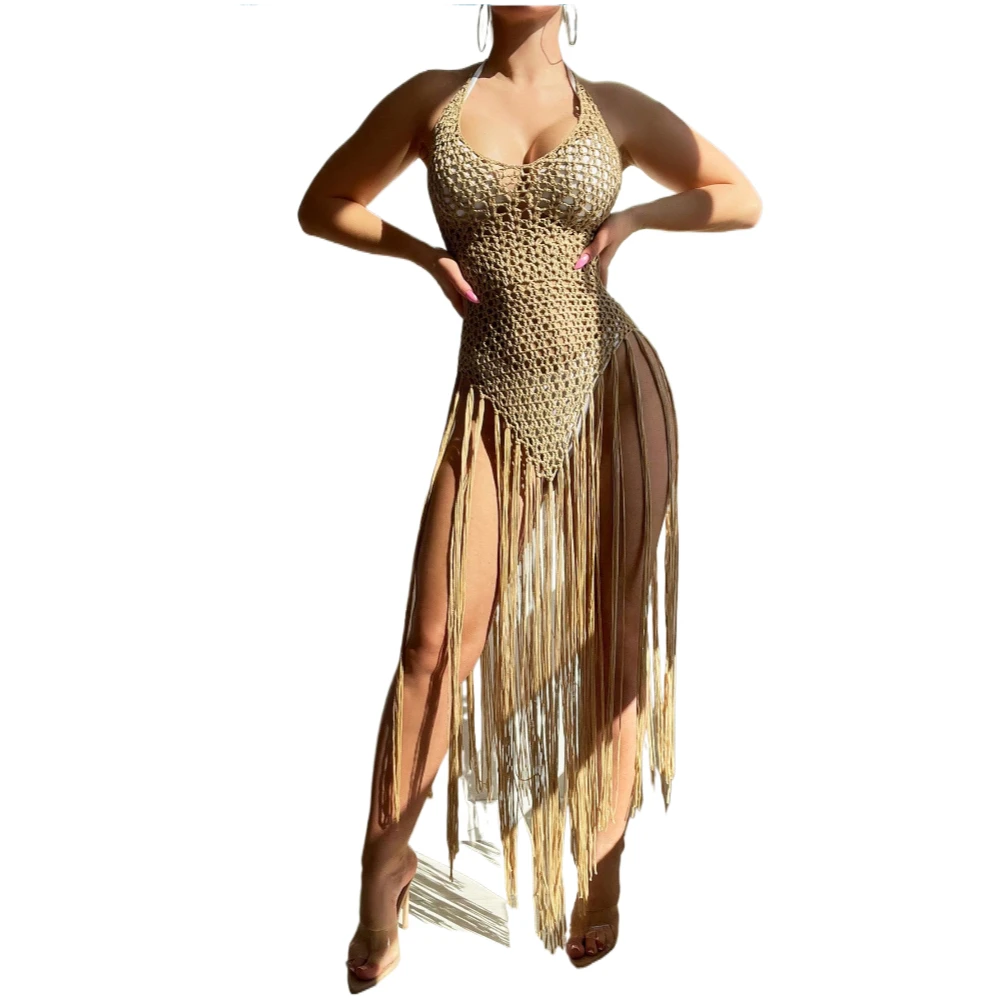 Boho Fringe Cover Up Skirt Handmade Crochet Beach Dress Desert Style Greek Goddess One Piece Swimsuit Set