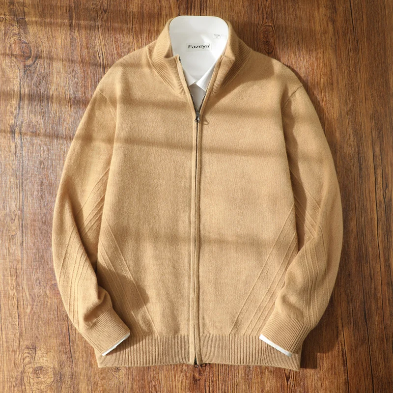 

Мужской кардиган из 100% кашемира на молнии, деловой повседневный стиль, вязка 12-игольная, толстый свитер класса люкс, с воротником-стойкой, джемпер, уличная мода