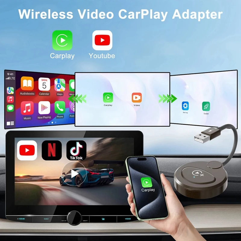 Adaptador Carplay inalámbrico con Youtube Tiktok Apple Carplay convertidor Dongle Usb compatible con actualización en línea Plug And Play