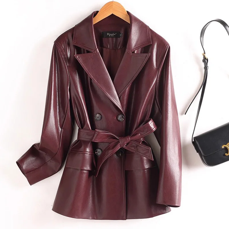 New Women Split Leather Blazer Autumn Fashion Suit Collar Slim Waist with Belt Loose Leather Coat Elegant Simplicity Jacket