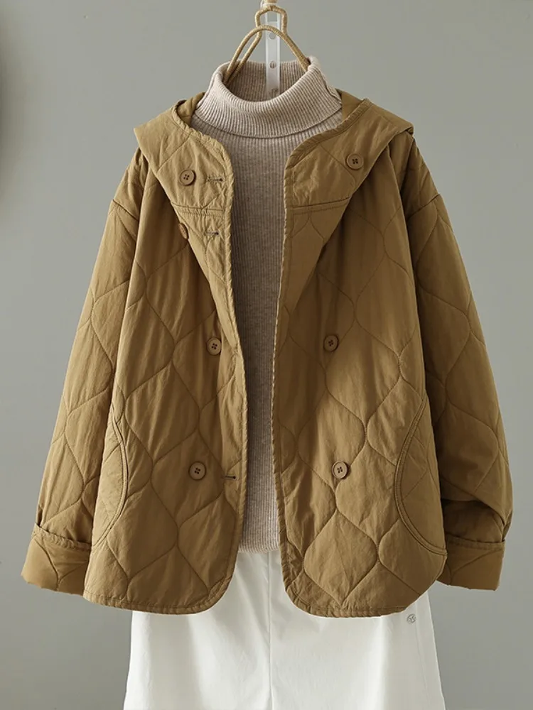Elegant Minimalist Diamond Pattern Hooded Cotton Jacket Women's Winter Large Size Thin Cotton Warm Short Cotton Clothes