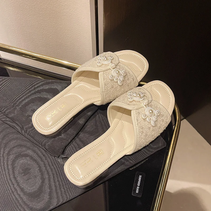 New Chinese style flat sandals for women summer square toe traditional Chinese style knotted half-slippers one-strap sandals