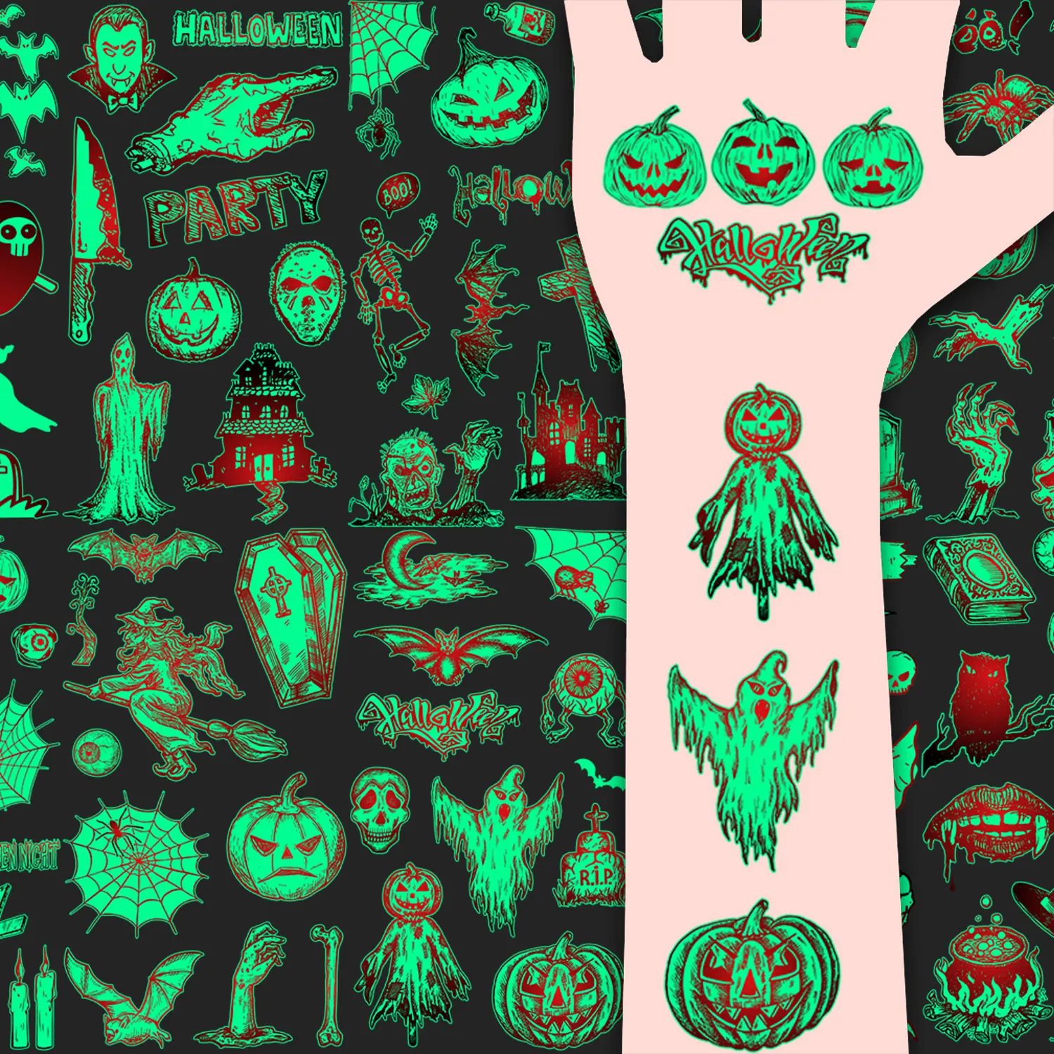 Temporary Tattoo Sticker Set, 10 Sheets, Glow-in-the-Dark Cartoon Series, Waterproof And Realistic, Perfect For Halloween Party