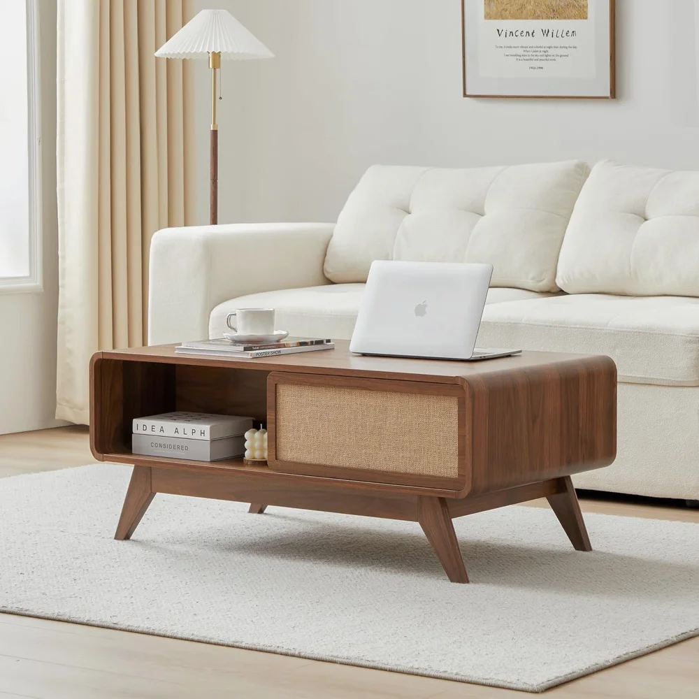 Mid-Century Modern Walnut Coffee Table -Curved Edge Wood Rectangle Center Table,Sliding Linen Door Storage for Living RoomOffice
