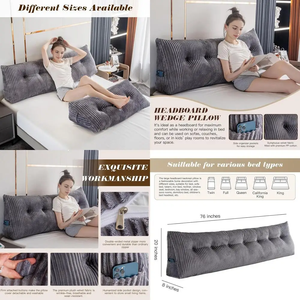 

King Size Grey Triangular Wedge Headboard Bolster with Removable Cover, 76x8x20 Inches