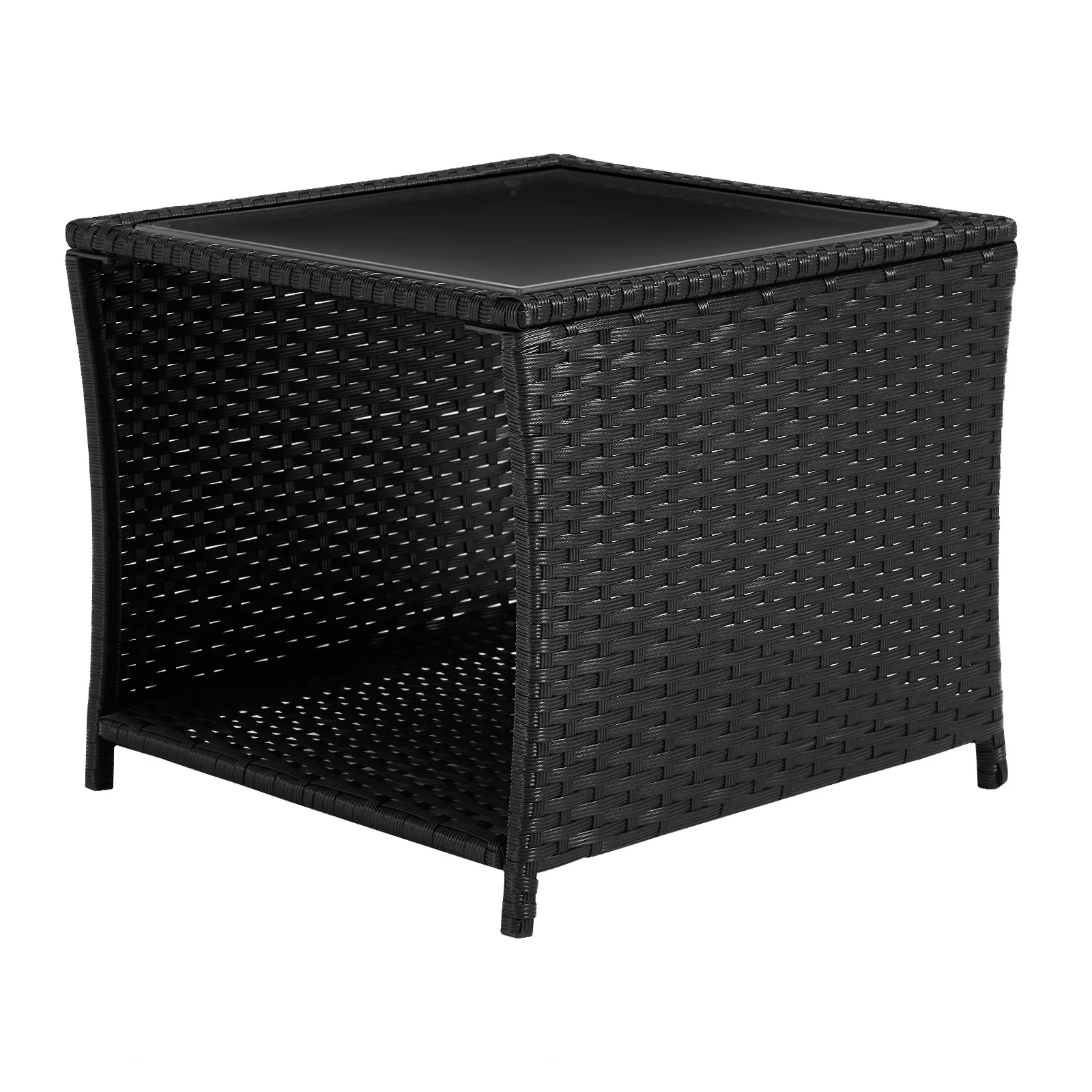 WOLTU Polyrattan-Gartentisch, Beistelltisch mit Glasplatte, wetterbeständiger Couchtisch, offener Stauraum für Balkon, Terrasse