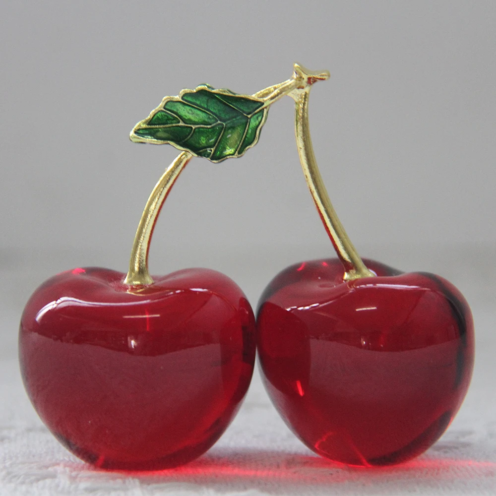 Crystal Cherry Figurine Glass Fruit Status Paperweight Home Decor Ornaments Tabletop Centerpiece