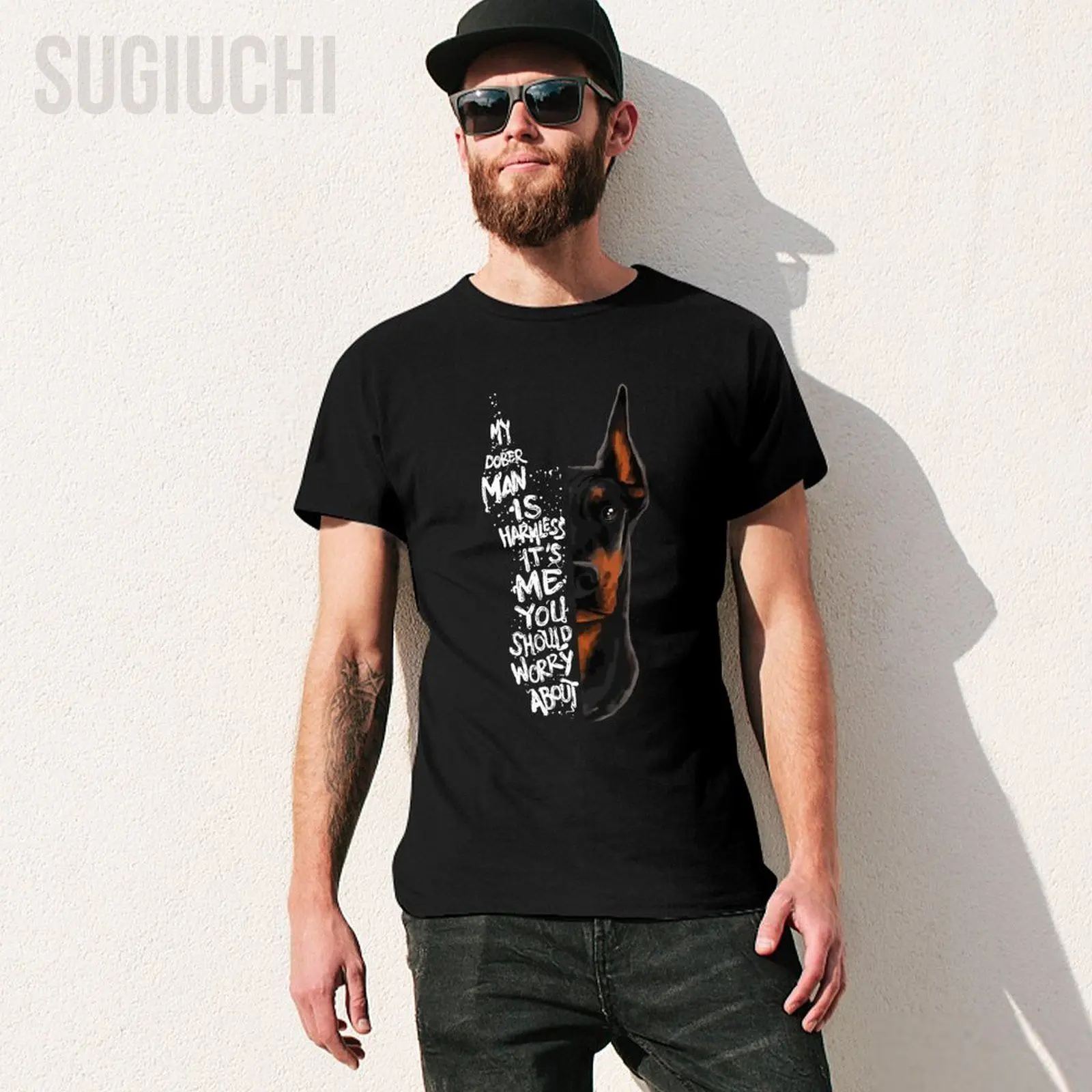Unisex Men MY DOBERMAN IS HARMLESS.. Doberman Quote Pinscher Funny Tshirt Tees T Shirts Women Boys 100% Cotton T-Shirt