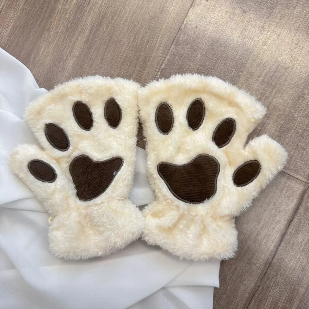 Winter Warm Fingerless Mitts Bear Claw Plush Gloves Cute Cat Paw Half Finger Hands For Typing Study Daily Wear