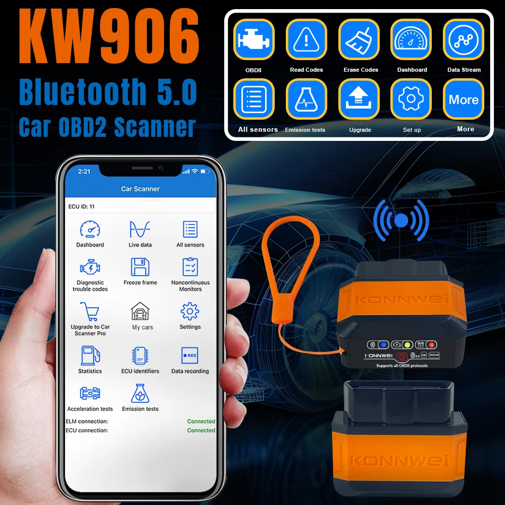 KONNWEI KW906 KW905 ELM327 V1.5 PIC18F25K80 OBD2 Scanner Bluetooth 5.0 for Android IOS ELM 327 V1 5 OBD 2 Car Diagnostic Tools