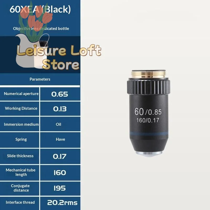 Microscope Objective Lens 195 Black Achromatic 4X 10X 20X 40X 60X 100X for Botanical Specimen Observation Use