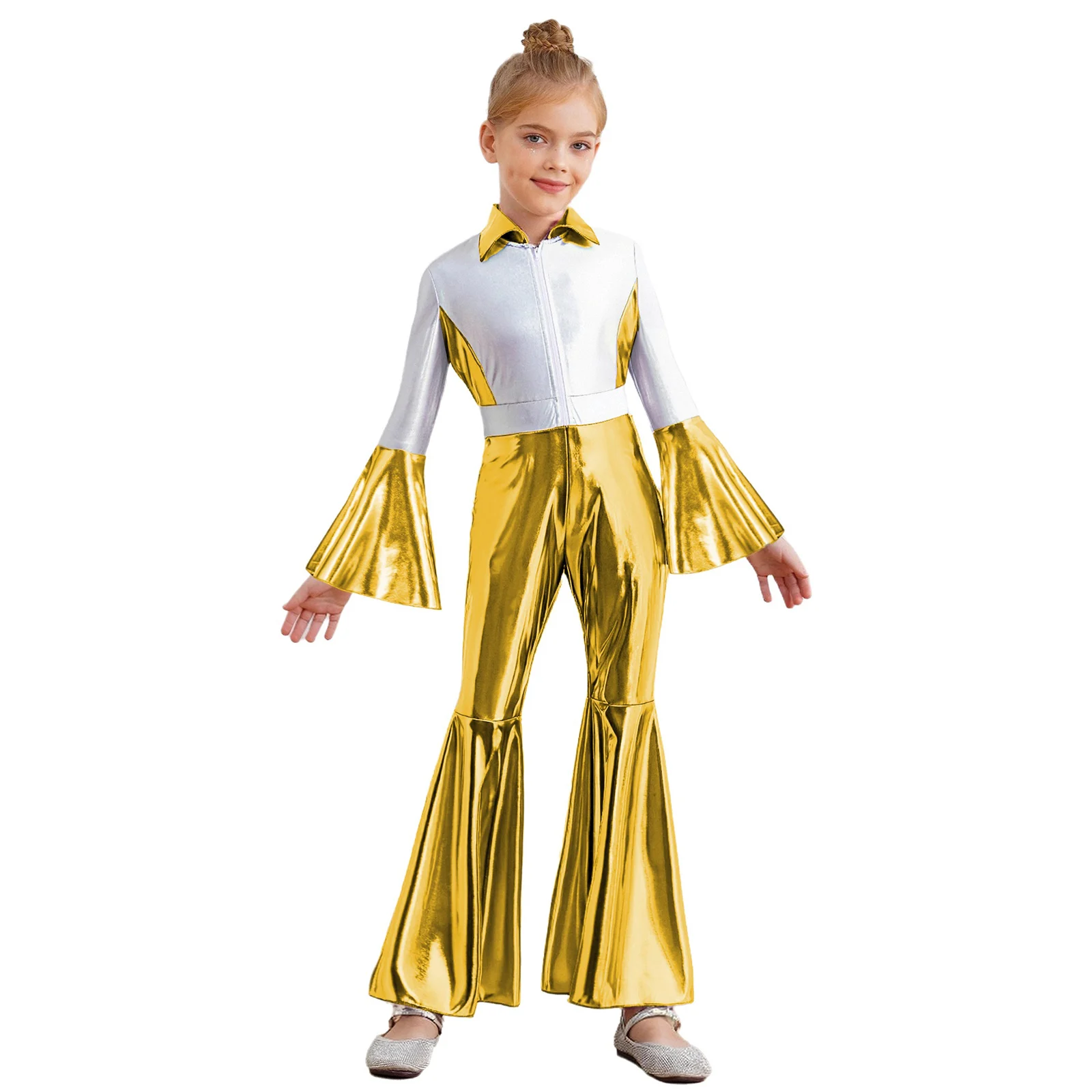 

Girls Retro 70s 80s Disco Dance Jumpsuit Metallic Contrast Color Turn-Down Collar Long Bell Sleeve Long Leg Flare Pants Rompers
