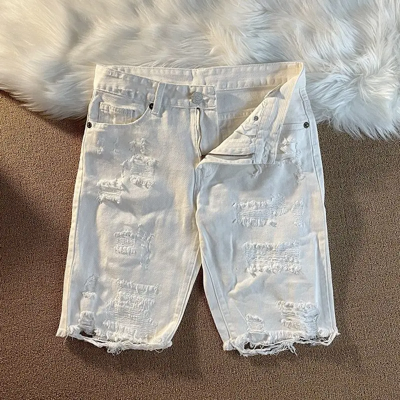 White Ripped Patch Denim Men's Small Fresh Denim Five-point Pants Elastic Ins Simple Medium Pants Summer Streetwear Shorts