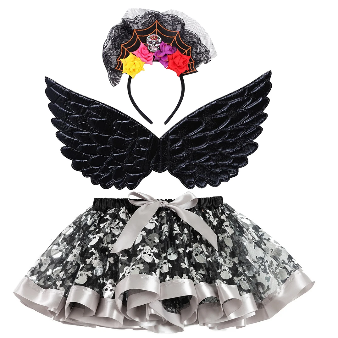 

Kid Girls Halloween Costume Skulls Layered Tutu Skirt with Bows Fairy Wings Gloves and Lace Headband for Party Costumes cosplay