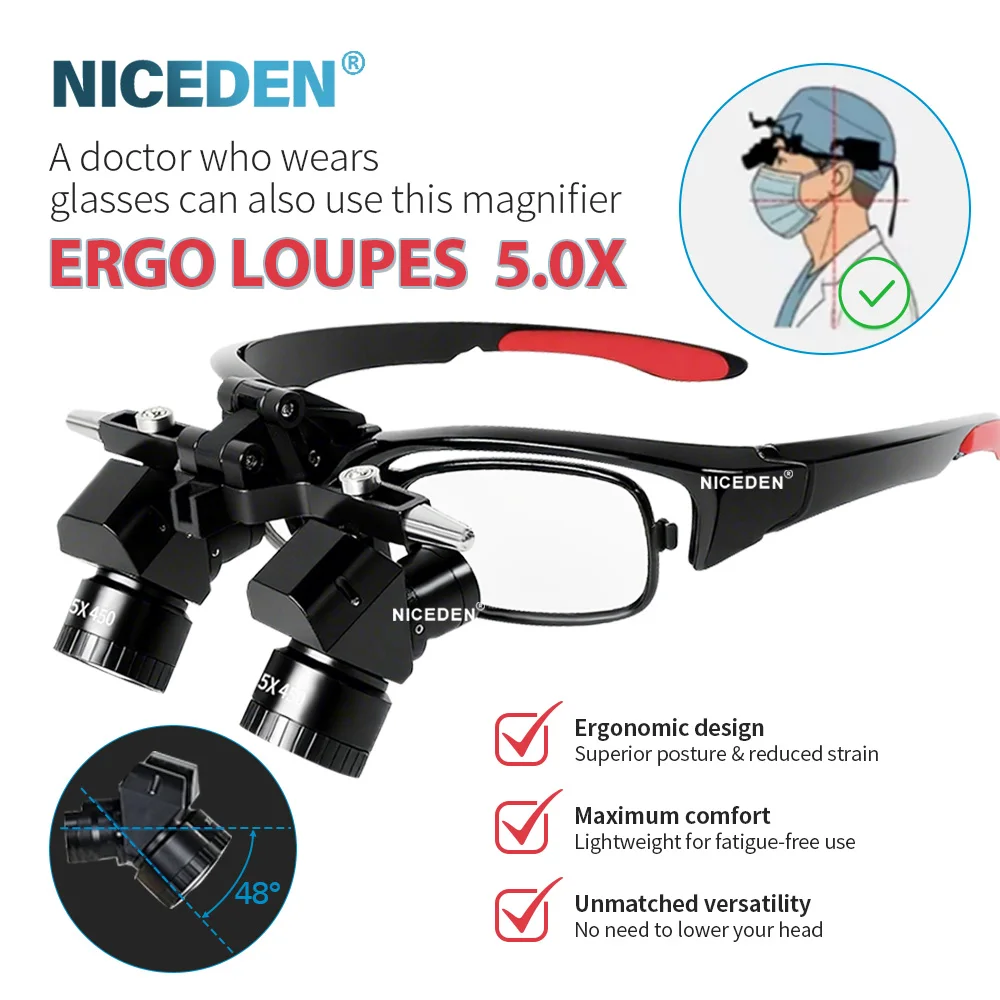 Niceden 5X Ergo Loupes, мощная фара, стоматологическая лупа, беспроводной передний свет, стоматология, стоматологические увеличительные очки, стоматолог