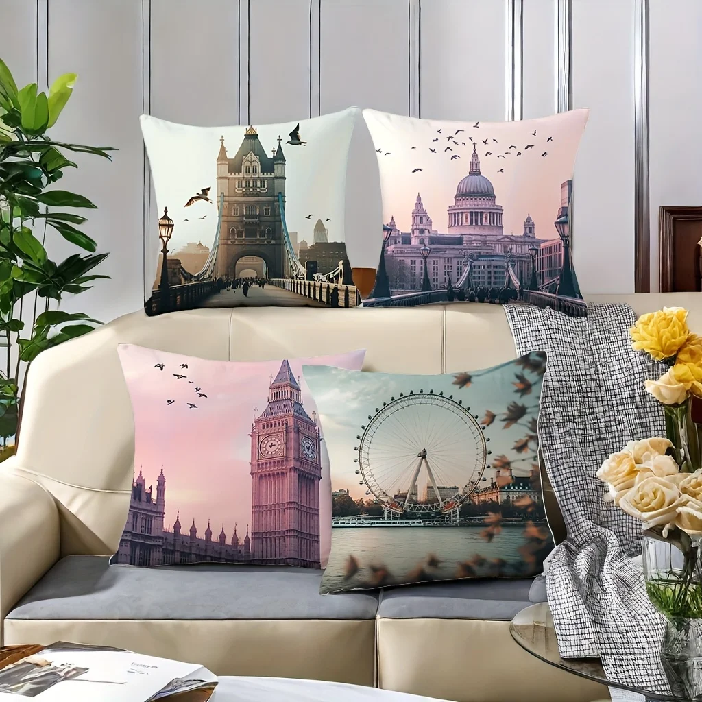 4pcs London landmarks Single-sided printing Short plush Suitable for living rooms bedrooms sofas (excluding pillow cores)