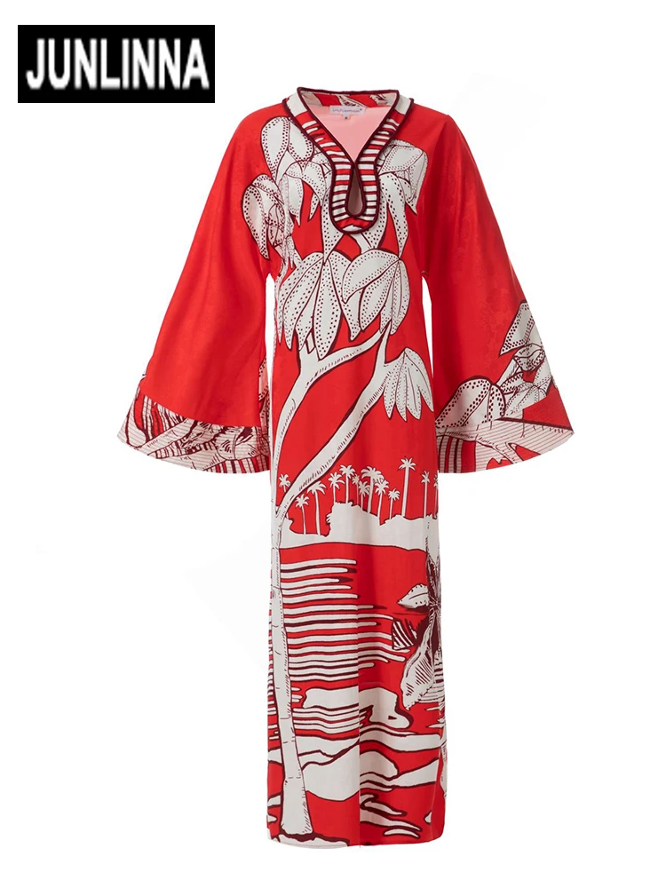 JUNLINNA Acetate Jacquard Dress Spring Summer Women Robe Fashion Printing Long Vestidos V Neck Flare Sleeve Casual Wear