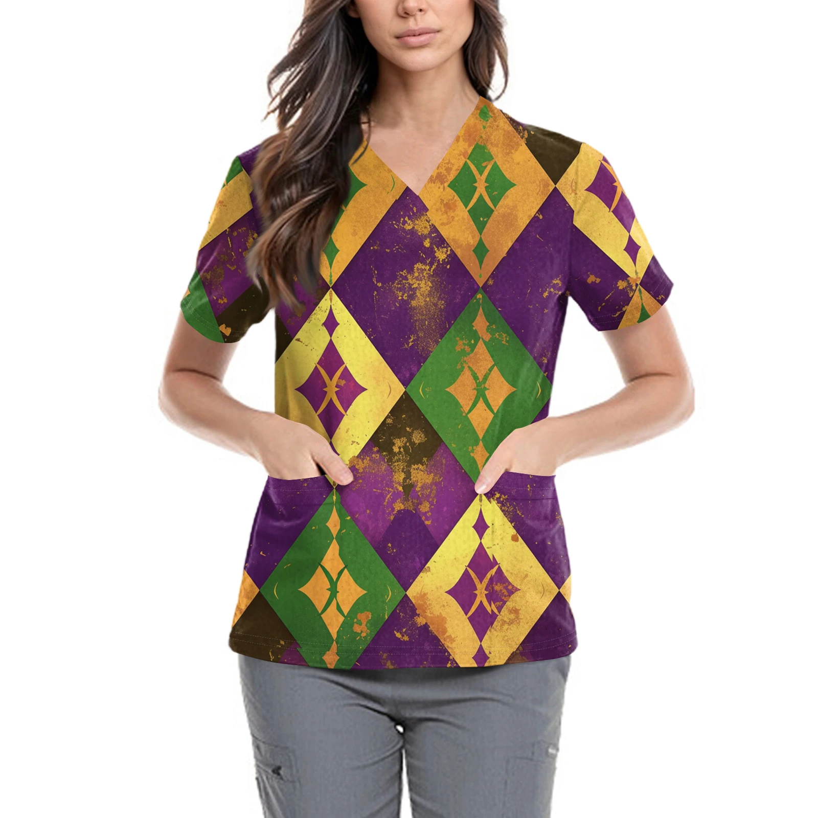 

Carnival V-Neck Printed T-Shirts Women Fashion Pullover Basic Short-Sleeved Shirt Side Slits Pockets Tops Personalized Versatile