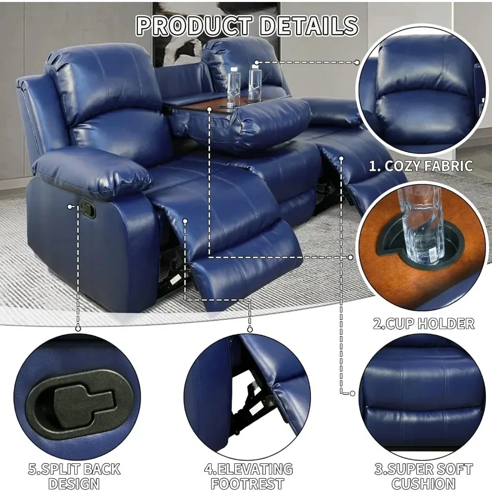 fauteuil Lederen fauteuil slaapbank met 2 bekerhouderconsole, lederen woonkamermeubelset, muurhugger 3-zits verstelbare bank,