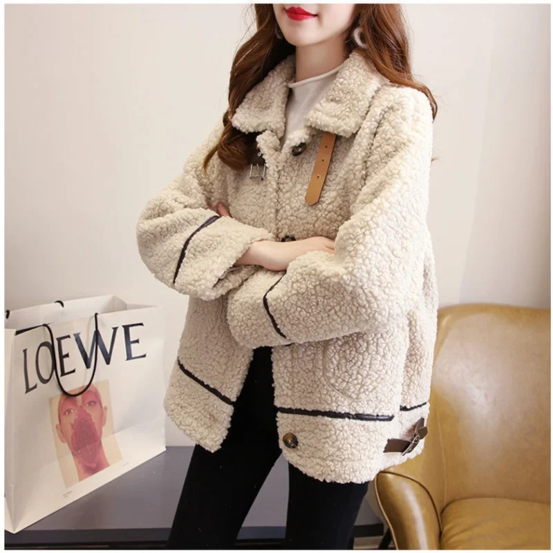 Women Autumn Winter Lamb Wool Faux Fur Thick Plush Warm Cardigan Coat Female Oversized Long Sleeve Turn-down Collar Outerwear