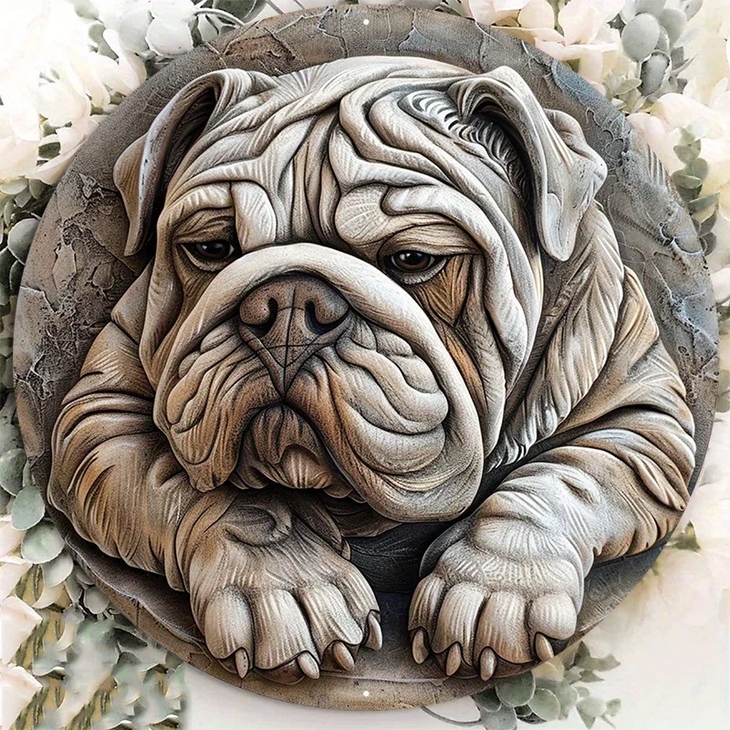 1pc 8x8inch Premium Aluminum Metal English Bulldog Statue Sign - Decorative Round Door Hanger, Wall Art, Wreath Accent - Durable