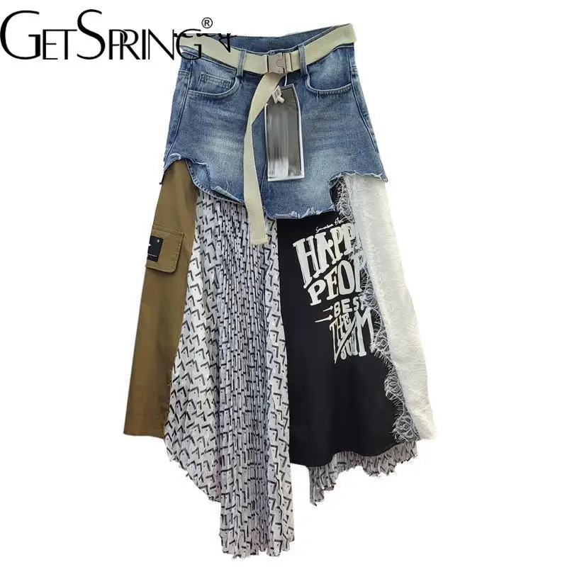 

Getspring Women Skirt Long Patchwork Denim Skirt Stitching Irregular High Waist Loose Leisure Asymmetrical Pleated Skirt 2024