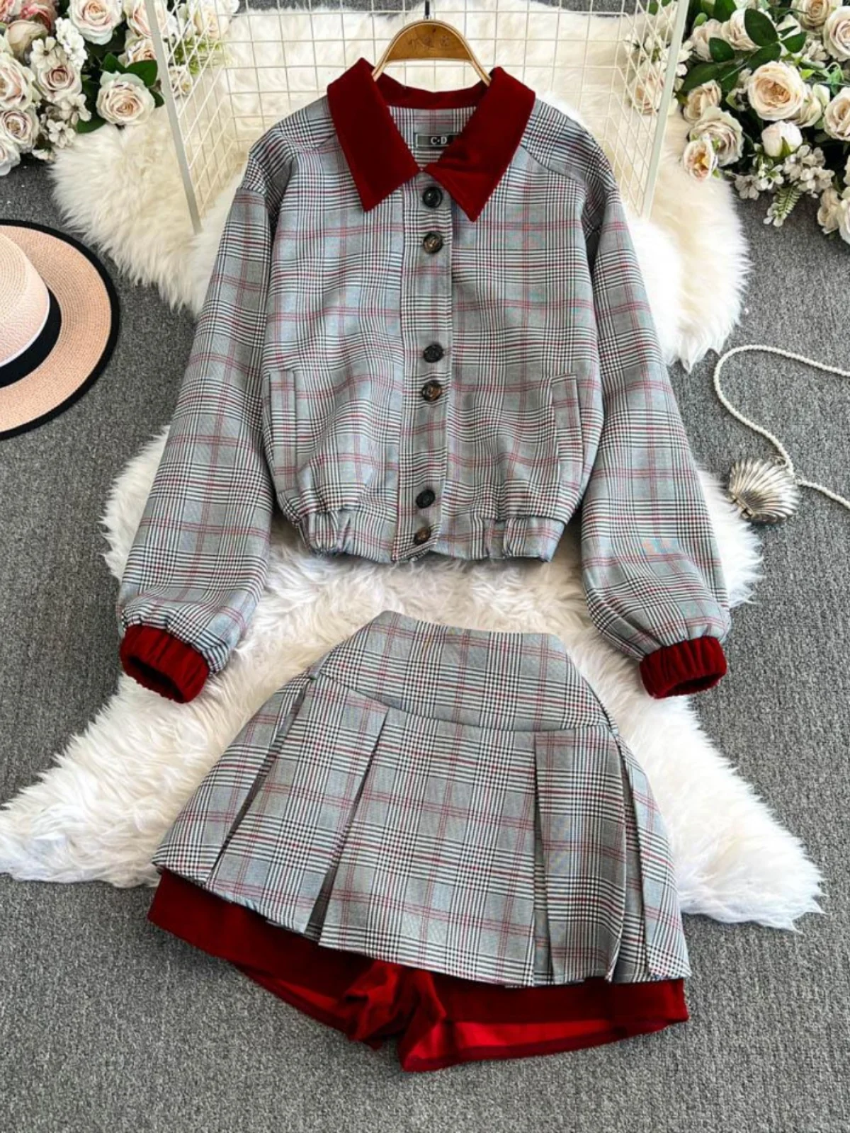 

Retro American College Sle Plaid Jaet And Pants Set Women's Winter Casual Outfit Skirt Two-Piece Suit ort Sve C...