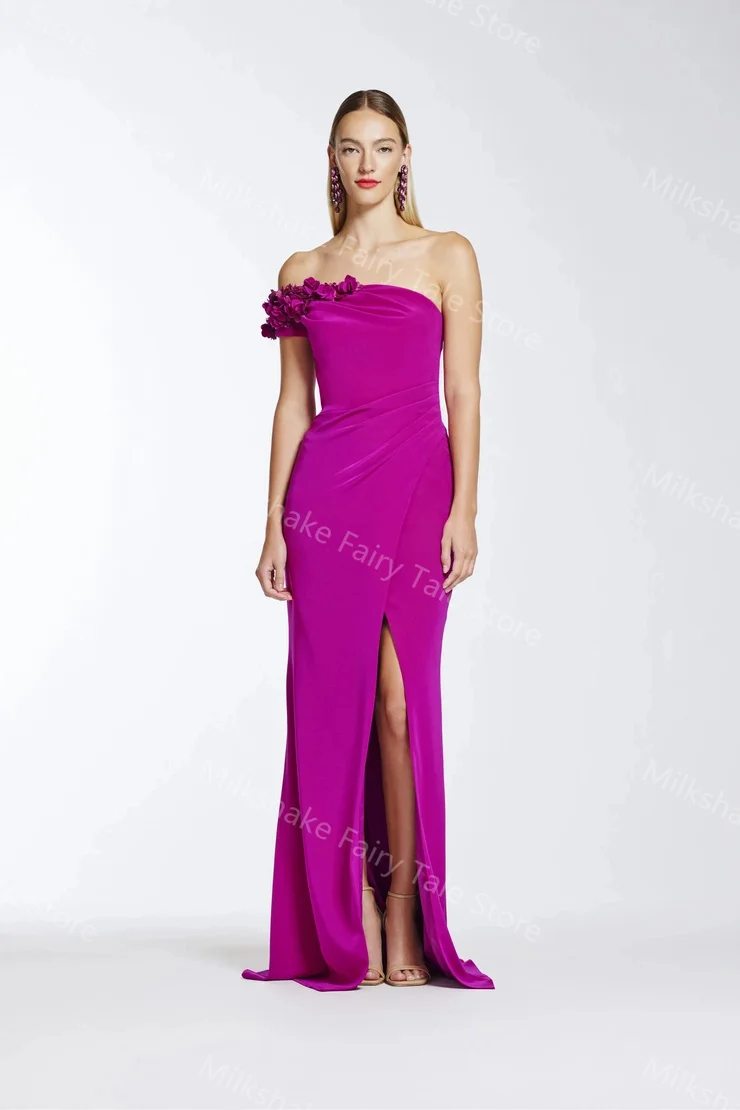 Abiti da sera viola vintage Abiti da ballo con applicazioni floreali monospalla Sweep Train Abiti da cerimonia personalizzati con spacco laterale