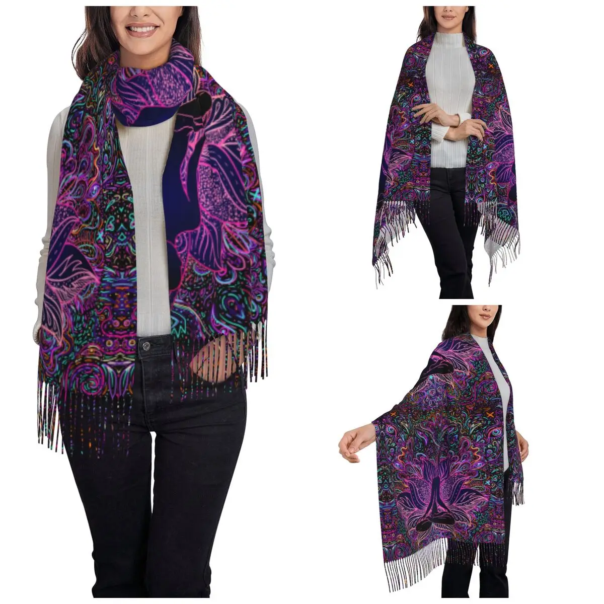 Indian Buddha Zen Mandala Scarf for Women Fall Winter Pashmina Shawls and Wrap Psychedelic Long Large Scarves with Tassel Wear