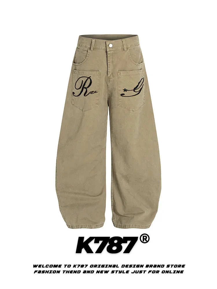

K787 American Retro Embroidered High Street Waed Workwear Wide Leg Pants Men Women Oversize Casual Straight Cut Jeans
