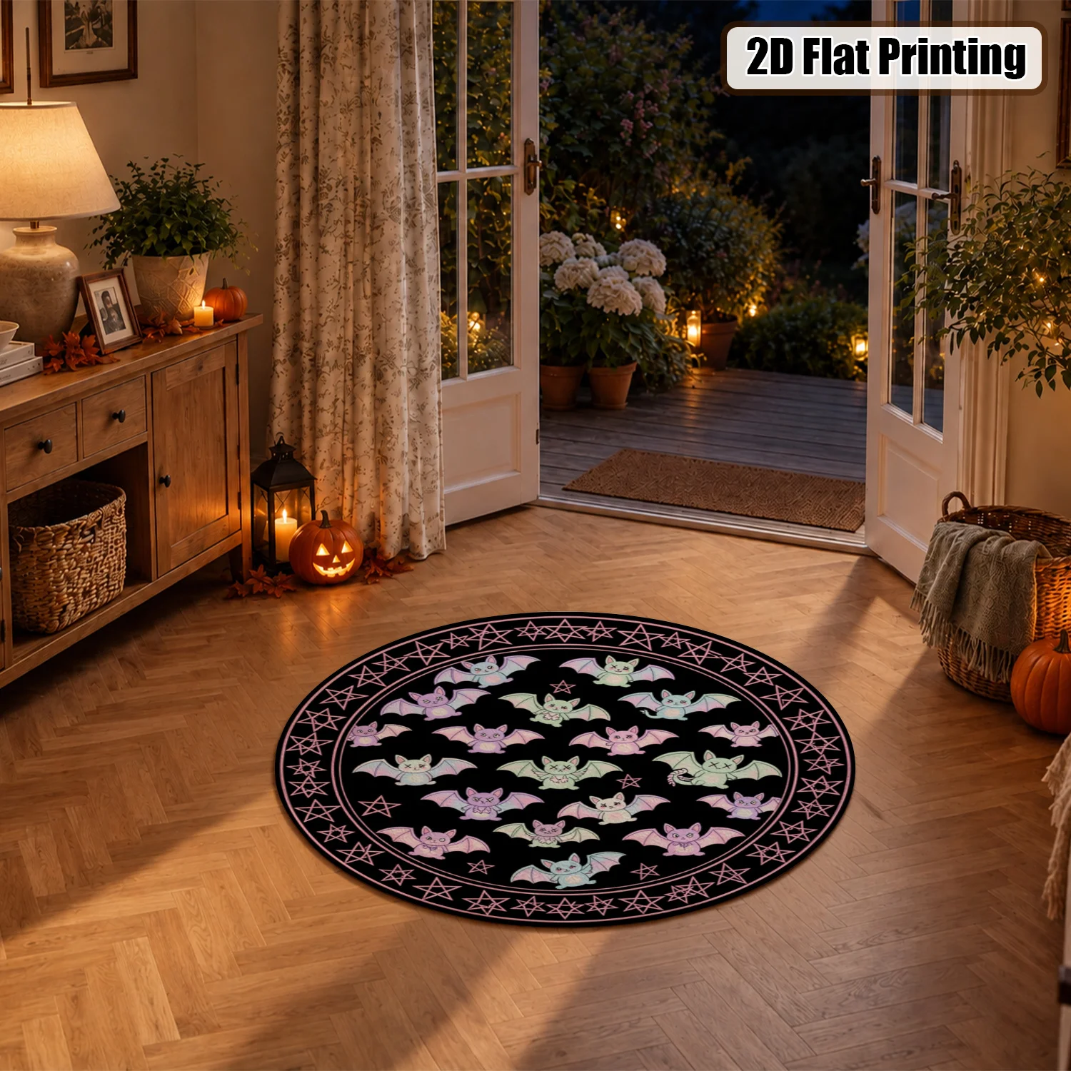 Cute Pastel Bat Pentagram Pattern Round Velvet Rug, Soft Plush Floor Mat, Machine Washable, Suitable for Living Room, Bedroom, Entryway, Home Office, Perfect for Halloween, Thanksgiving, Christmas, New Year, Black Friday, Cyber Monday Decor
