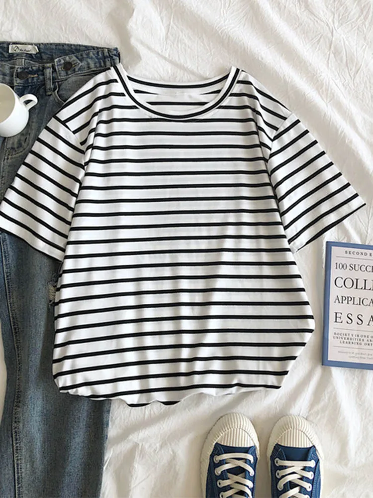 Harajuku Short Sleeve Korean O-Neck Casual Fashion Shirt Camiseta Feminina Tops T Shirt Women Solid Color Striped Punk T-shirt