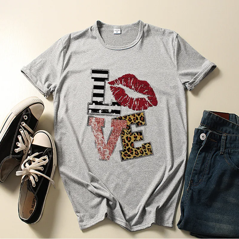 

Love Plaid Leopard Letter Print Women T Shirt Short Sleeve O Neck Loose Women Tshirt Ladies Tee Shirt Clothes Camisetas Mujer